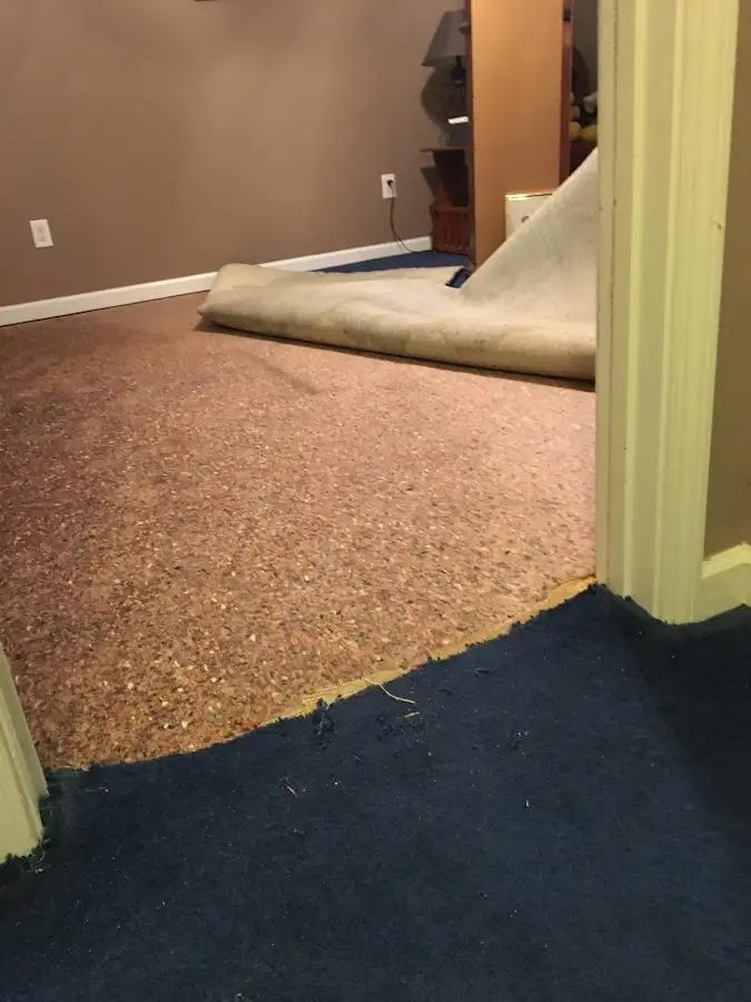 Carpet pad removal revealing water damage during Water Mitigation Services in Griffith